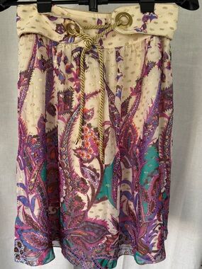 Tibi Cream Midi Skirt with Purple Teal Paisley and Gold Rope